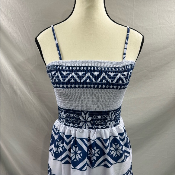 Boho Geo Print Ruffle Hem Cami Dress White/Blue - Picture 7 of 9